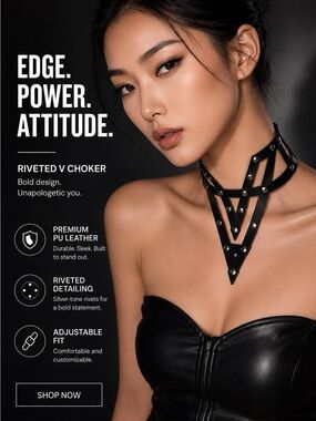 Riveted V Choker Necklace — Black PU Leather